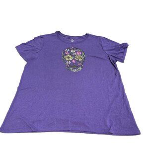 Womens XL Floral Skull Shirt Purple -Halloween